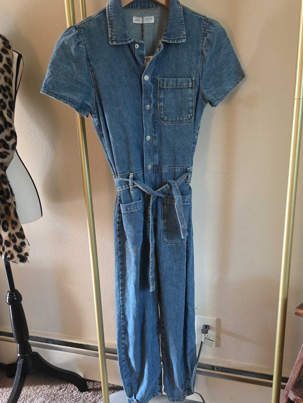 Zara Girls Blue Fitted Belted Denim Jumpsuit 12-14